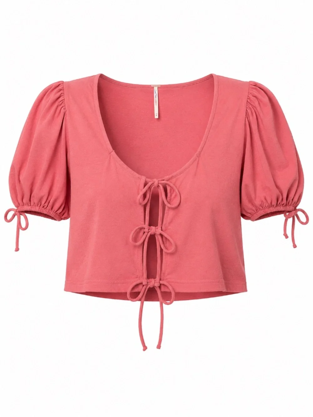 Free People Kitty Tie Front‎ Crop Top Puff Sleeve Pink Romantic M